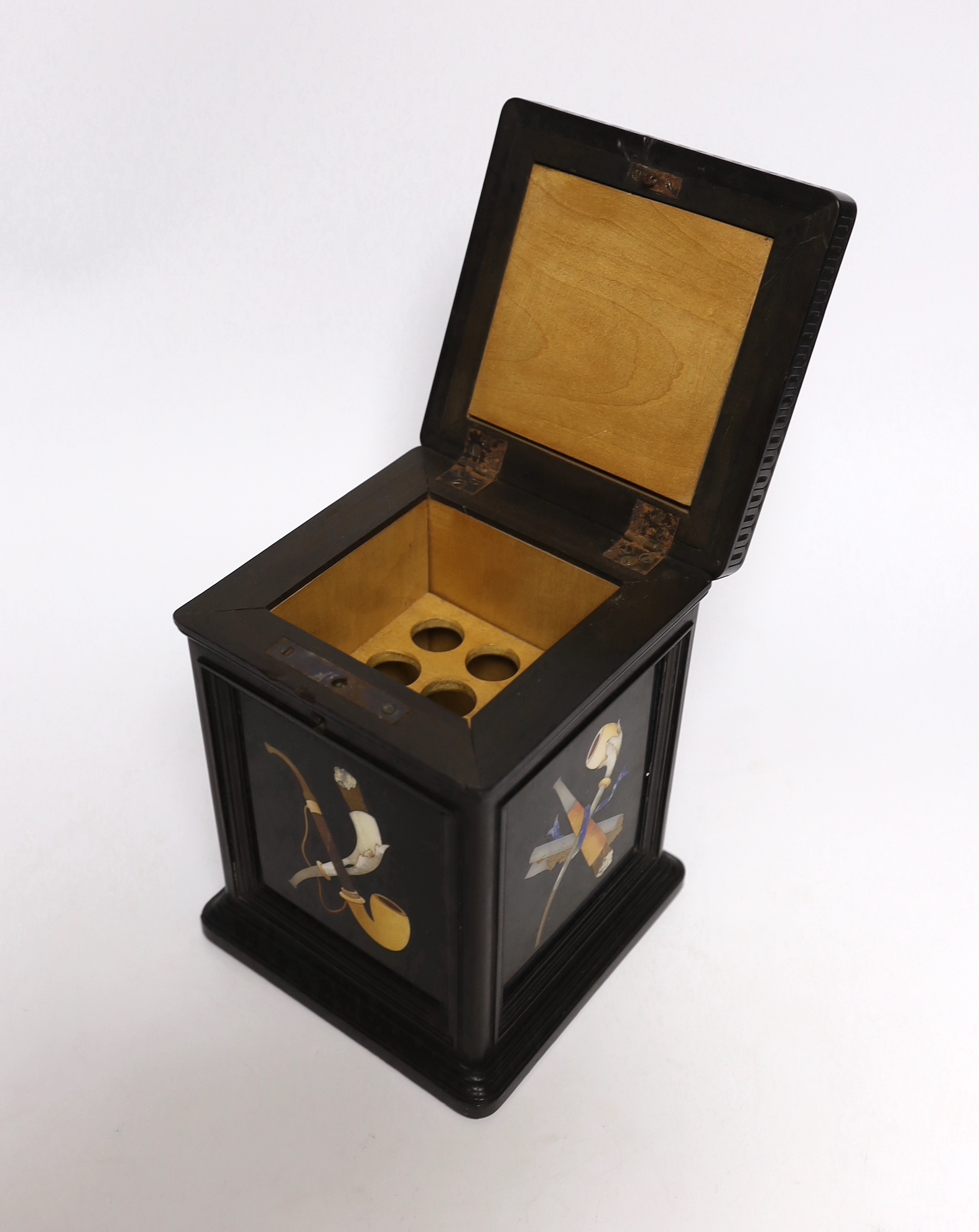 An Italian ebonised and pietra dura cigar box, with fitted cedarwood, interior dimensions, 17 cm, high, 12.5 cm wide, 12.5 cm deep